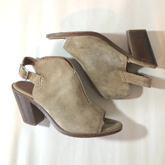 FRYE Ash Courtney Leather Mules Women's Size 6.5 Gray Tan Suede Peep Toe - Picture 11 of 12